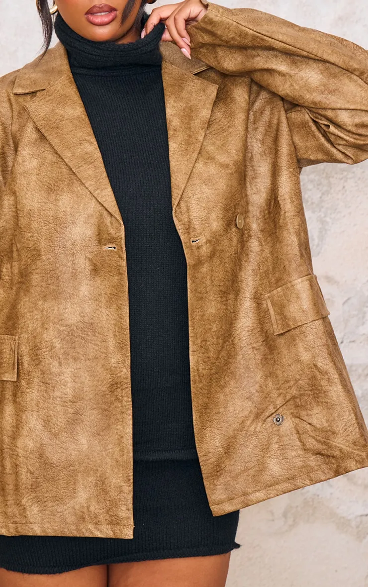 Plus Brown Distressed PU Oversized Shoulder Pad Blazer sold by Pretty Little Thing product image thumbnail 4