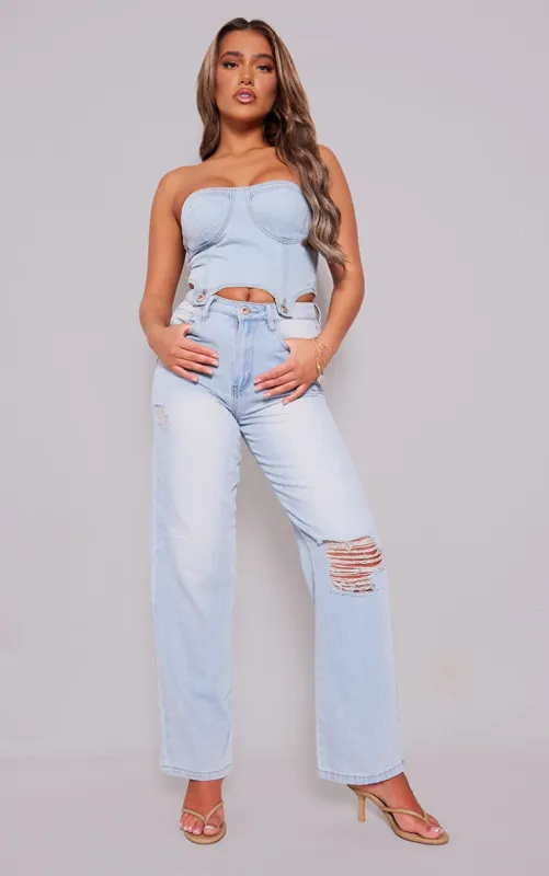 Light Blue Wash Detachable Bandeau Denim Jumpsuit sold by Pretty Little Thing