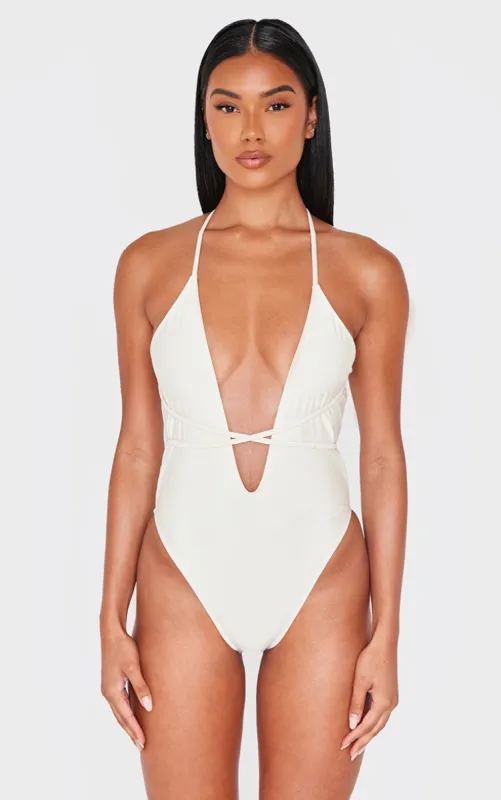 Cream Halter Neck Wrap High Leg Swimsuit sold by Pretty Little Thing