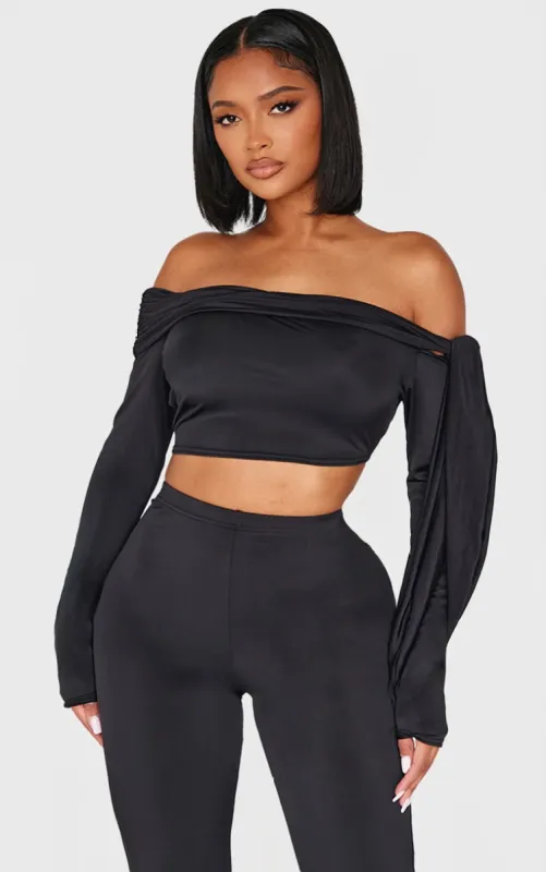 Shape Black Sculpt Wrap Bardot Long Sleeve Top made by Pretty Little Thing