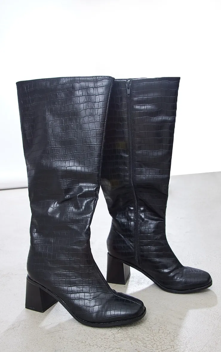 Black Wide Fit Pu Croc Square Toe Mid Block Heeled Knee Boots sold by Pretty Little Thing product image thumbnail 3