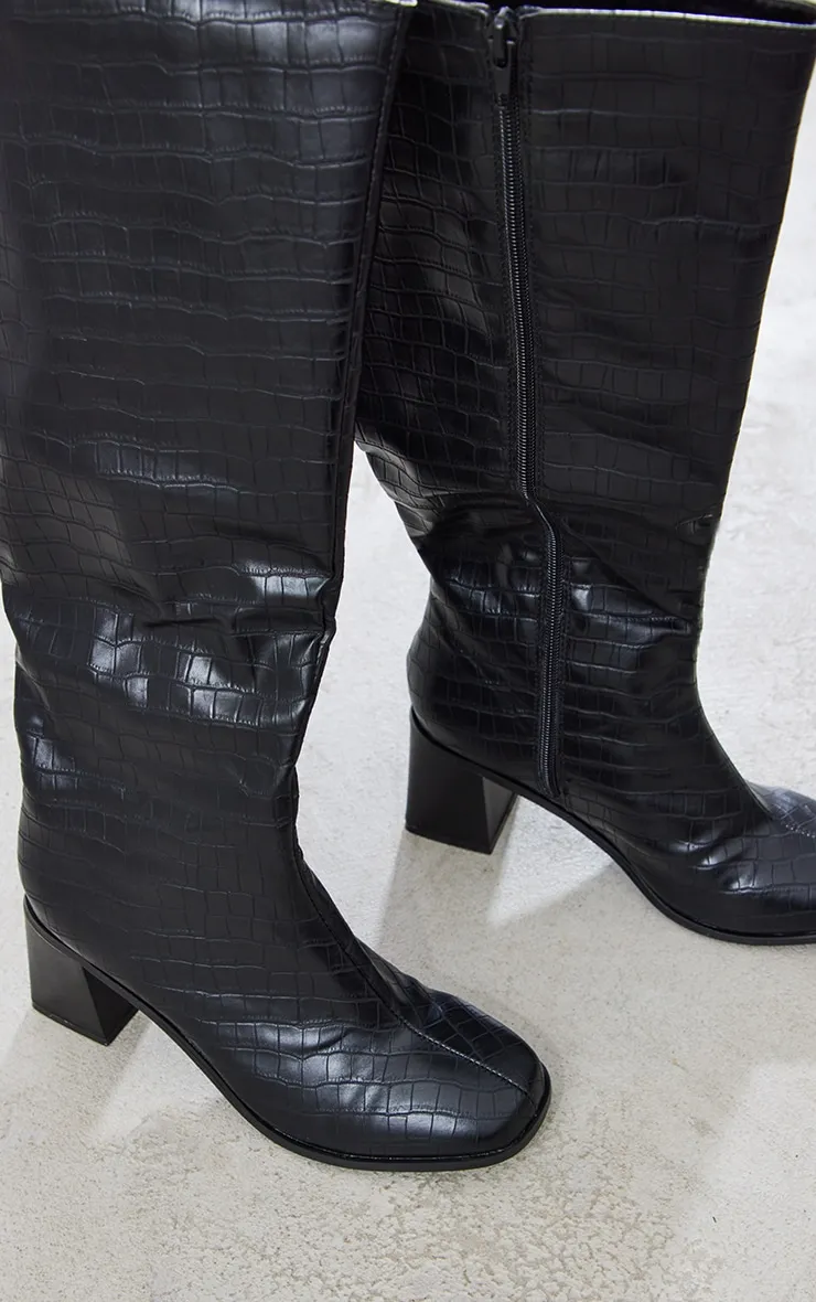 Black Wide Fit Pu Croc Square Toe Mid Block Heeled Knee Boots sold by Pretty Little Thing product image thumbnail 4