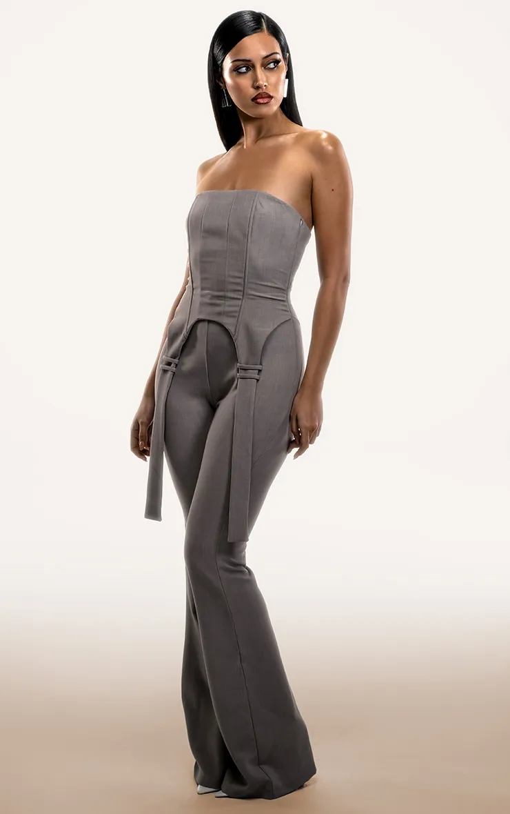 PLT Label Light Grey Corset Strap Detail Jumpsuit sold by Pretty Little Thing