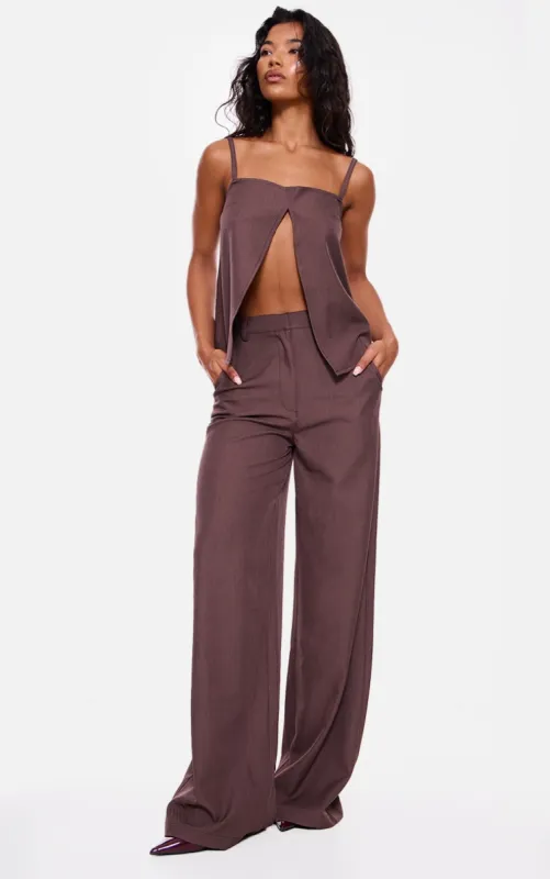 Chocolate Woven Straight Leg Trousers sold by Pretty Little Thing