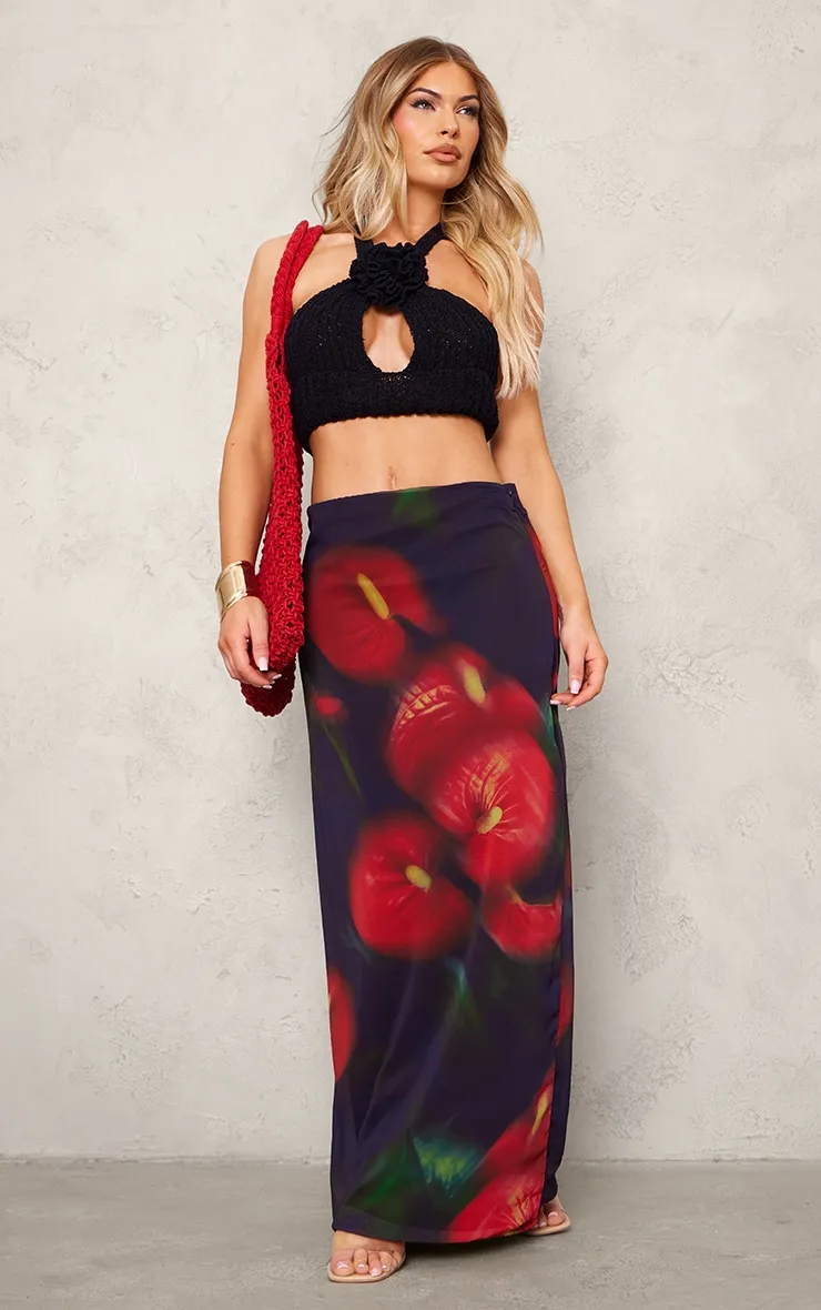 Red Abstract Flower Print Mesh Maxi Skirt sold by Pretty Little Thing