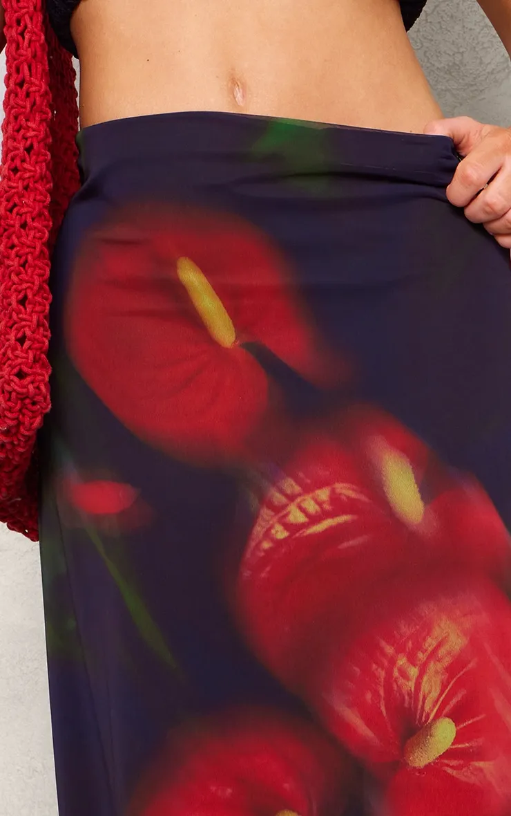Red Abstract Flower Print Mesh Maxi Skirt sold by Pretty Little Thing product image thumbnail 4