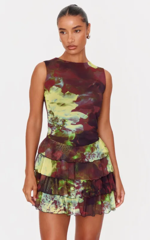 Dark Purple Floral Tiered Ruffle Crew Neck Mini Dress sold by Pretty Little Thing