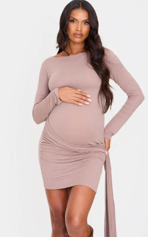 Maternity Mocha Brushed Tie Front Mini Dress sold by Pretty Little Thing