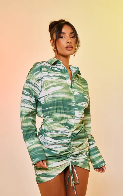  Green Abstract Print Oversized Shirt Ruched Bodycon Dress made by Pretty Little Thing
