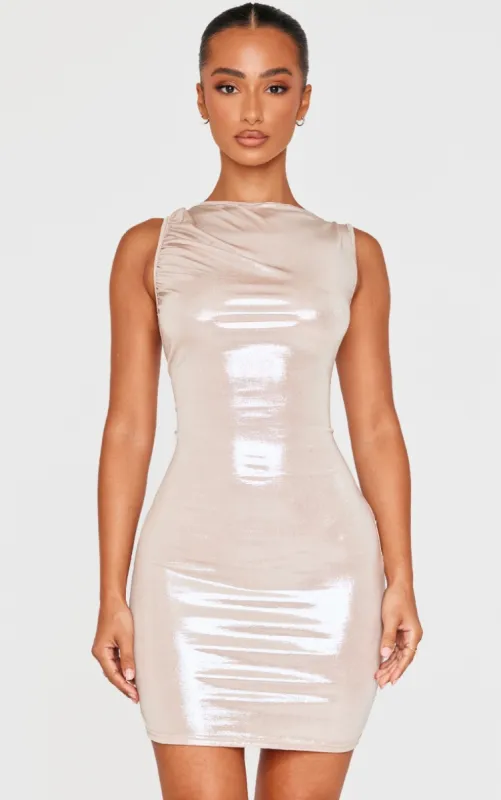 Petite Gold Metallic Open Back Mini Dress sold by Pretty Little Thing