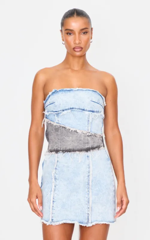 Blue Layered Denim Bandeau Mini Dress sold by Pretty Little Thing