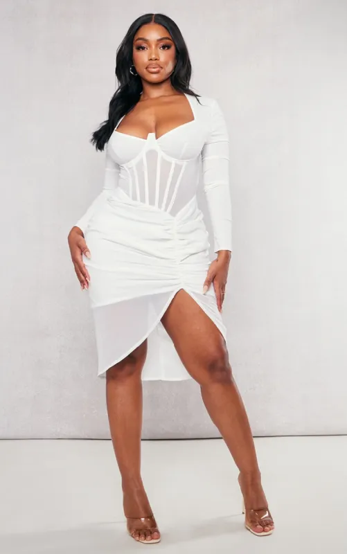 Shape Cream Corset Detail Long Sleeve Ruched Midi Dress sold by Pretty Little Thing