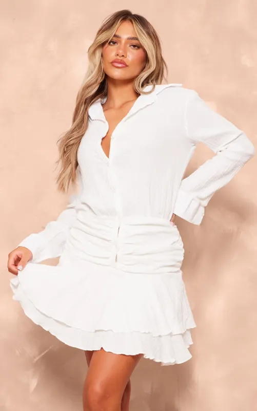 White Oversized Shirt Frill Detail Shift Dress sold by Pretty Little Thing