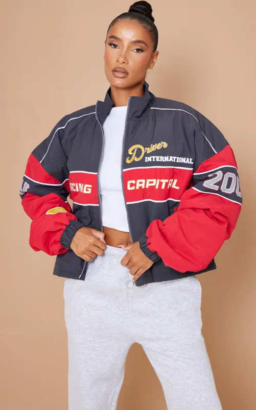 Red Oversized Slogan Zipped Racer Bomber Jacket sold by Pretty Little Thing