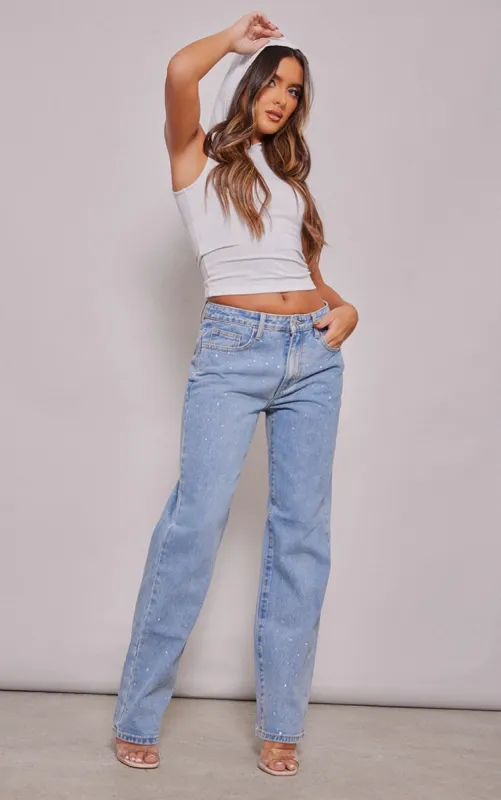 Light Blue Wash Diamante Straight Leg Jeans sold by Pretty Little Thing