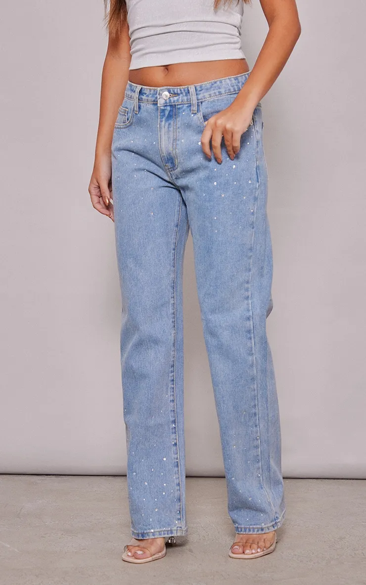 Light Blue Wash Diamante Straight Leg Jeans sold by Pretty Little Thing product image thumbnail 2