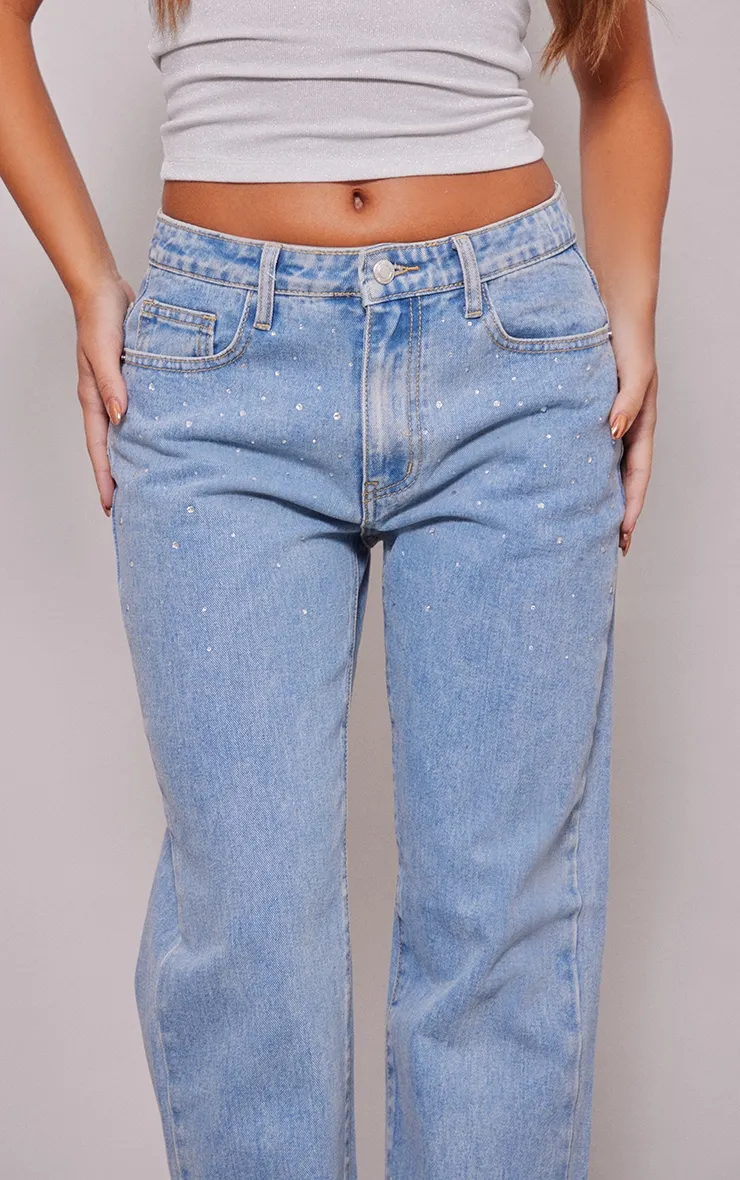 Light Blue Wash Diamante Straight Leg Jeans sold by Pretty Little Thing product image thumbnail 4