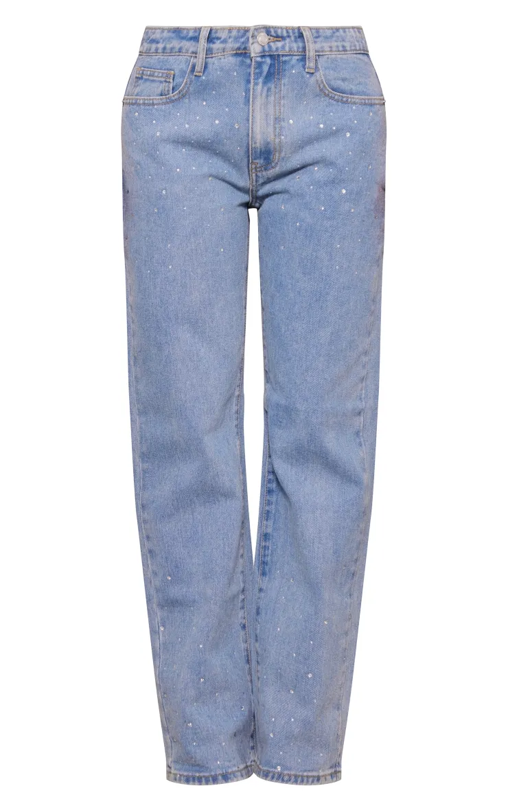 Light Blue Wash Diamante Straight Leg Jeans sold by Pretty Little Thing product image thumbnail 5