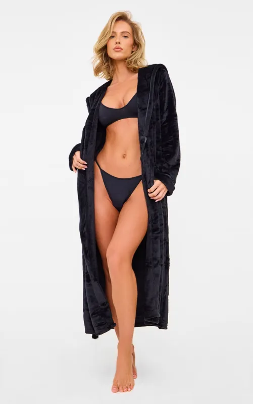 Black Fleece Hooded Maxi Dressing Gown sold by Pretty Little Thing