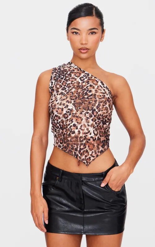 Brown Leopard Printed Lace Asymmetric Longline Top sold by Pretty Little Thing