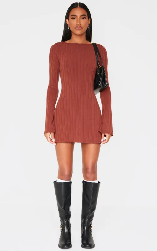 Chocolate Wide Rib Flared Sleeve Shift Dress made by Pretty Little Thing