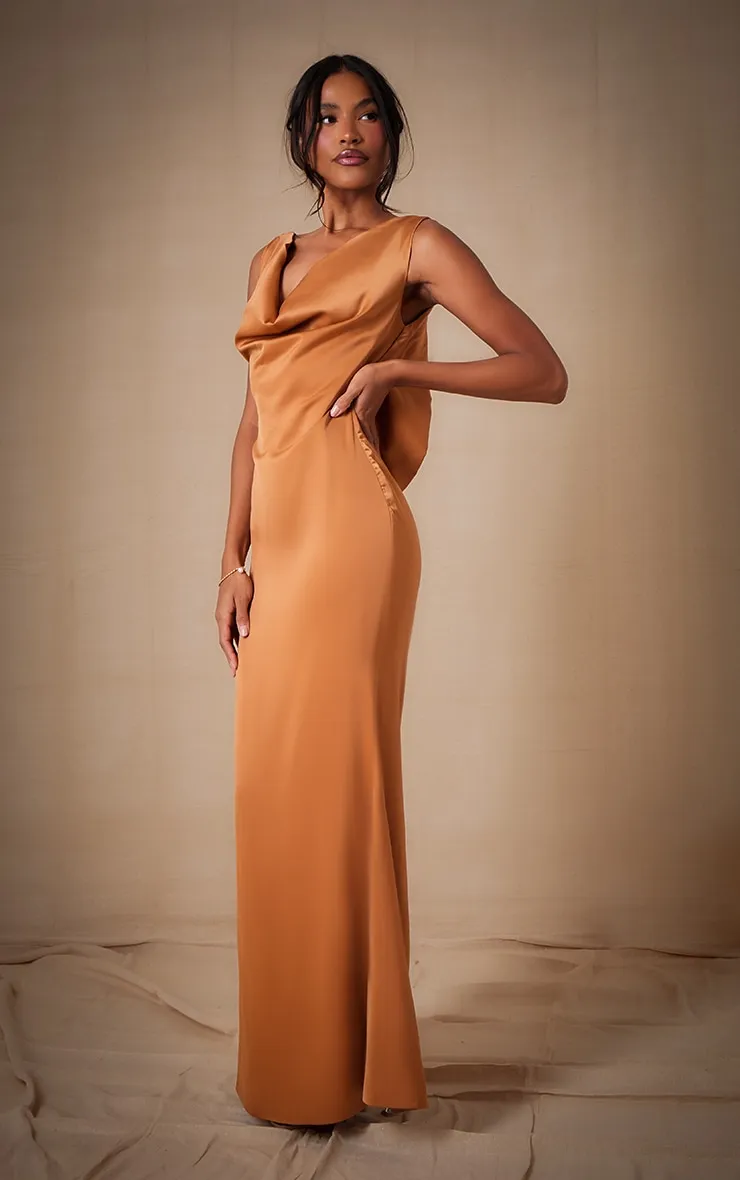 Copper Bridesmaid Satin Cowl Neck Maxi Dress sold by Pretty Little Thing product image thumbnail 3
