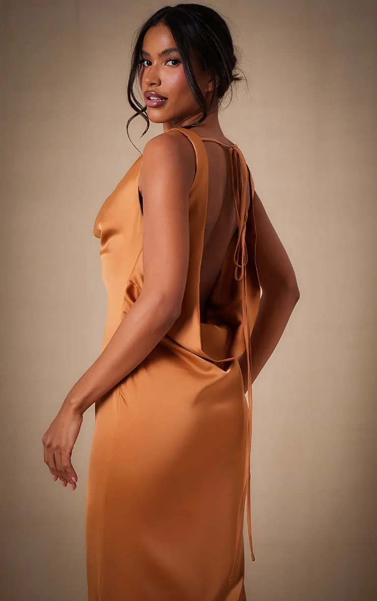 Copper Bridesmaid Satin Cowl Neck Maxi Dress sold by Pretty Little Thing product image thumbnail 4