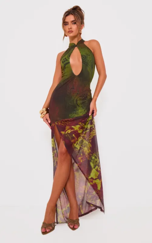 Green Print Mesh Extreme Cut Out Maxi Dress made by Pretty Little Thing