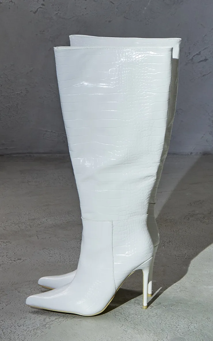 White Wide Fit PU Croc Point Toe High Stiletto Heeled Knee Boots sold by Pretty Little Thing product image thumbnail 2
