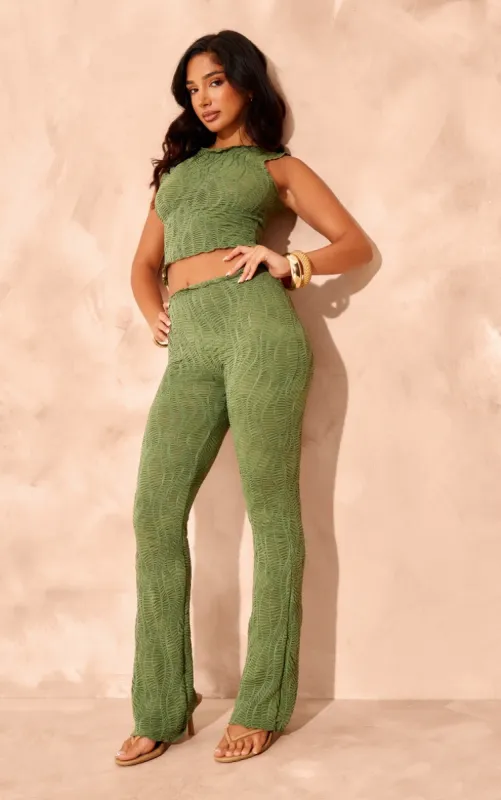 Petite Khaki Textured Straight Leg Trousers sold by Pretty Little Thing