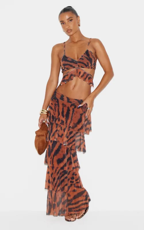 Brown Animal Printed Mesh Rara Maxi Skirt sold by Pretty Little Thing