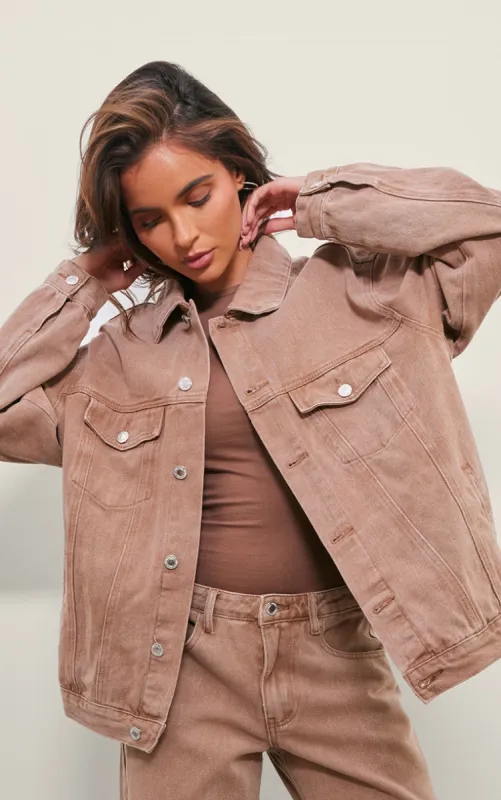 Washed Taupe Oversized Boyfriend Denim Jacket sold by Pretty Little Thing