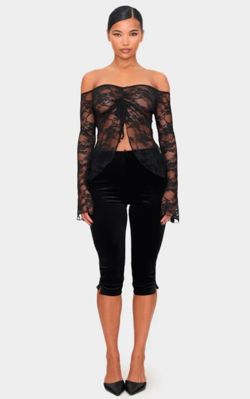 Black Lace Side Detail Velvet Capris sold by Pretty Little Thing