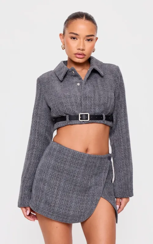 Petite Grey Textured Woven Belt Detail Cropped Blazer sold by Pretty Little Thing