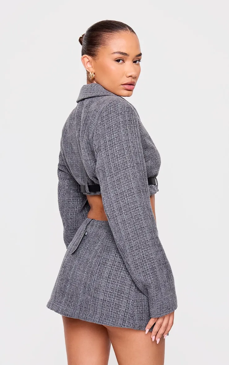 Petite Grey Textured Woven Belt Detail Cropped Blazer sold by Pretty Little Thing product image thumbnail 2