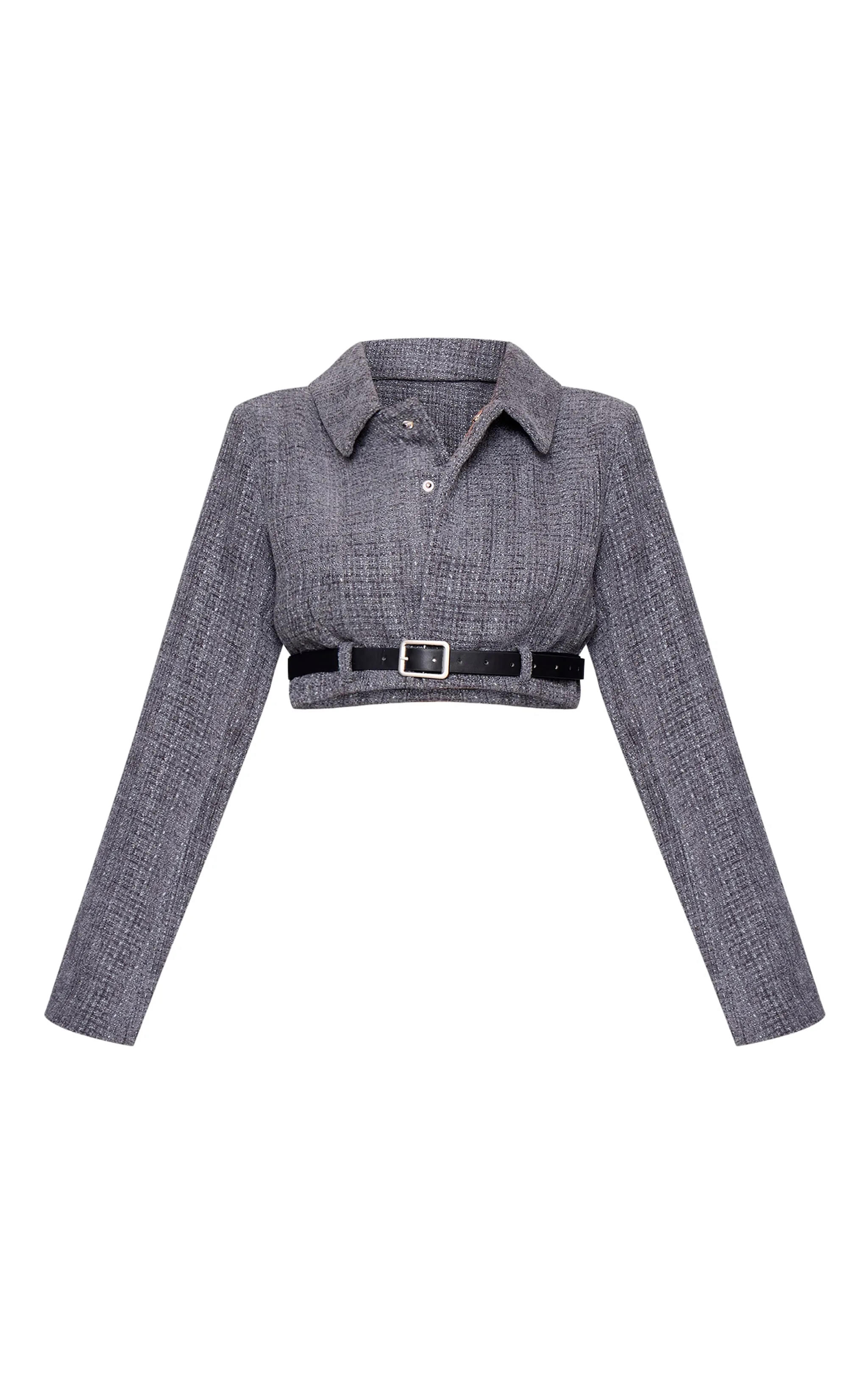 Petite Grey Textured Woven Belt Detail Cropped Blazer sold by Pretty Little Thing product image thumbnail 5