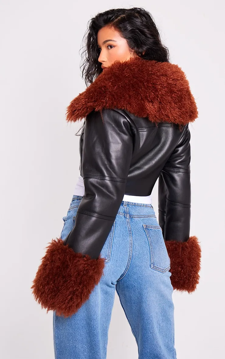 Black Corset Panelled Faux Mongolian Fur Trim Faux Leather Jacket sold by Pretty Little Thing product image thumbnail 2