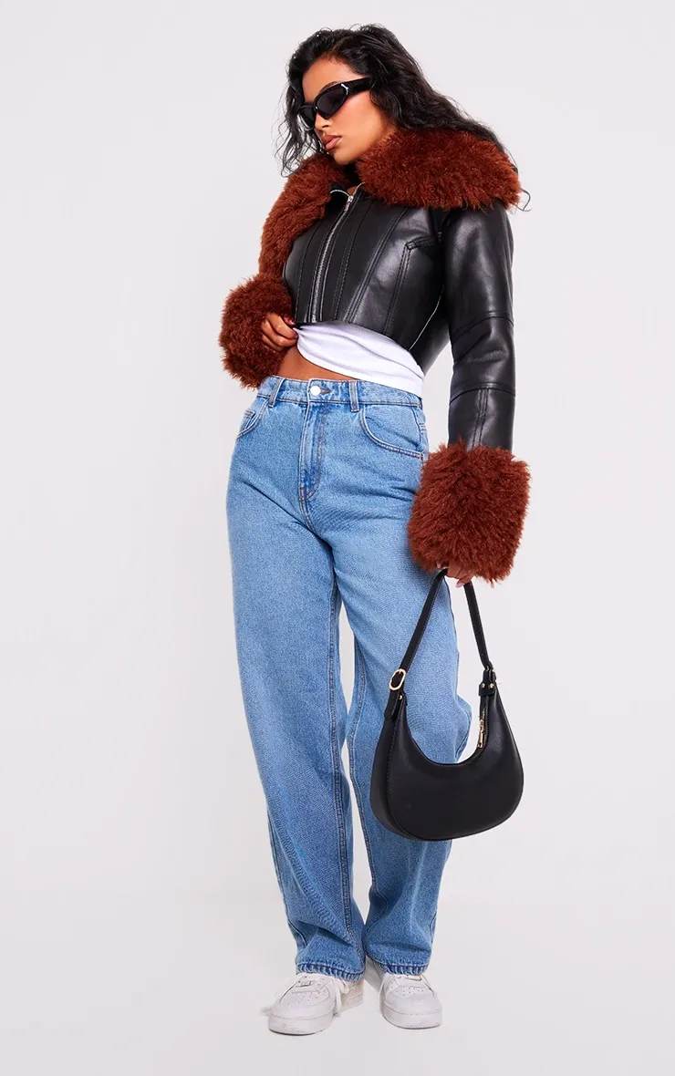 Black Corset Panelled Faux Mongolian Fur Trim Faux Leather Jacket sold by Pretty Little Thing product image thumbnail 3