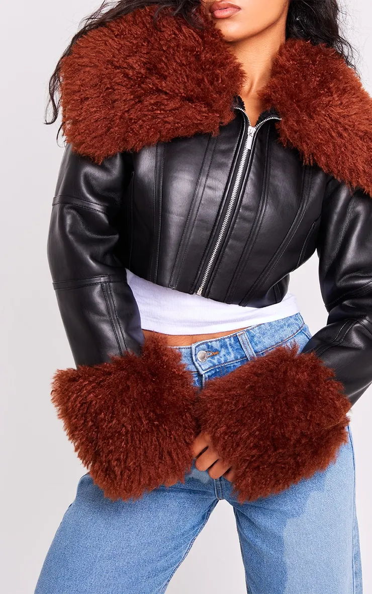 Black Corset Panelled Faux Mongolian Fur Trim Faux Leather Jacket sold by Pretty Little Thing product image thumbnail 4