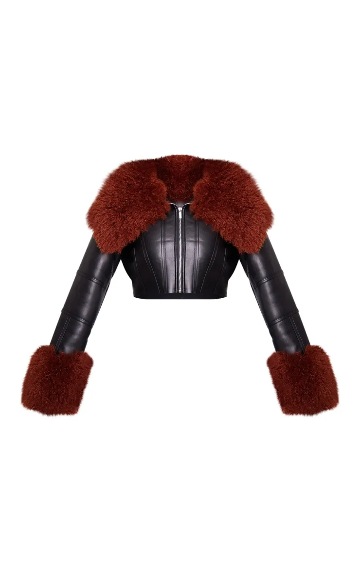 Black Corset Panelled Faux Mongolian Fur Trim Faux Leather Jacket sold by Pretty Little Thing product image thumbnail 5