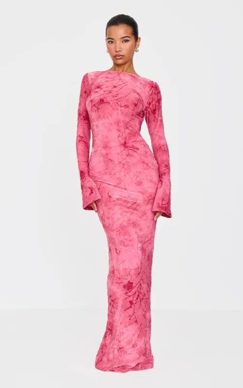Pink Floral Devore Long Sleeve Maxi Dress sold by Pretty Little Thing