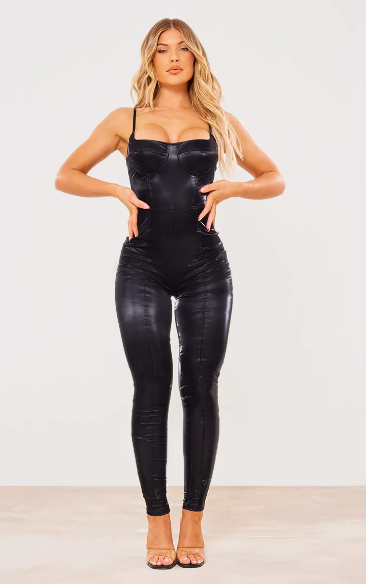Black Matte Vinyl Underwired Strappy Jumpsuit sold by Pretty Little Thing product image thumbnail 3