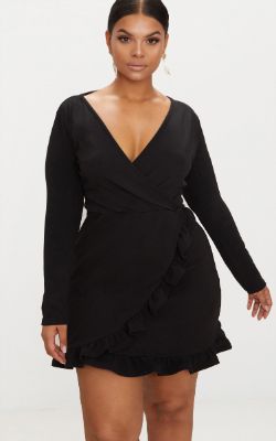 Plus Black Long Sleeve Ruffle Wrap Dress sold by Pretty Little Thing