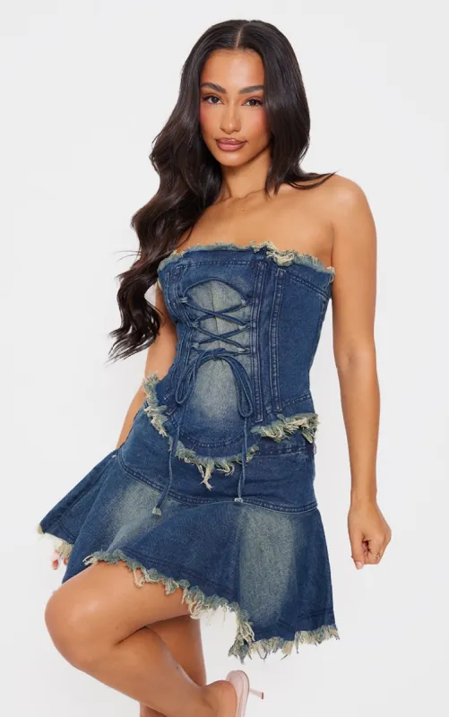 Petite Indigo Blue Wash Frayed Hem Denim Corset sold by Pretty Little Thing