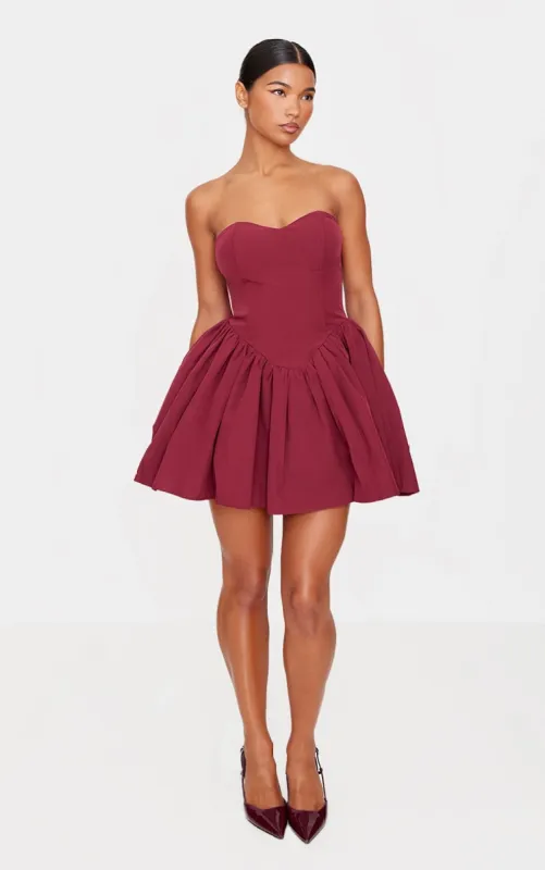 Burgundy Bandeau Corset Detail Shift Dress made by Pretty Little Thing