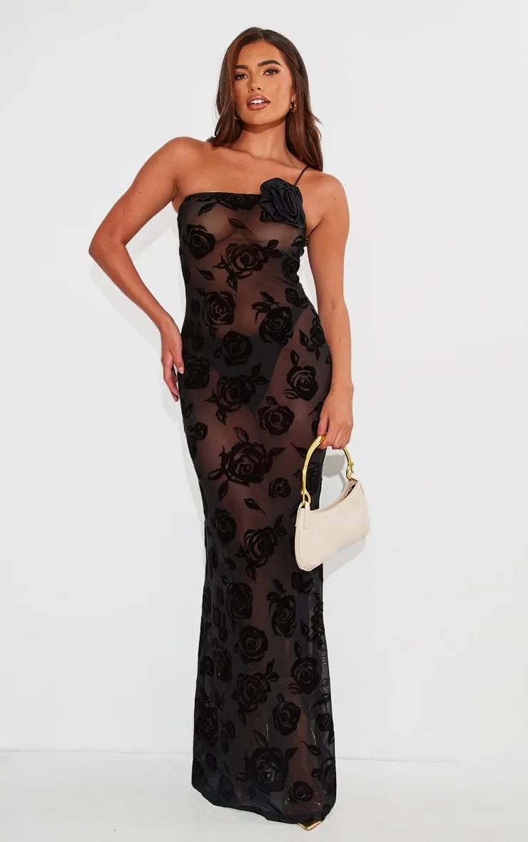 Black Floral Mesh One Shoulder Maxi Dress sold by Pretty Little Thing