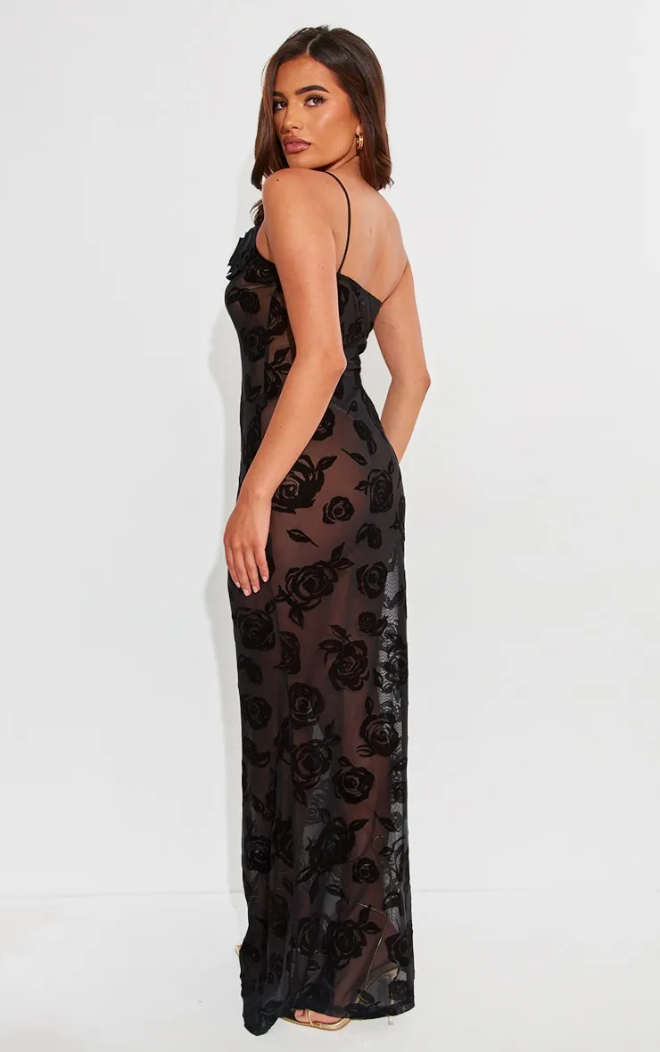 Black Floral Mesh One Shoulder Maxi Dress sold by Pretty Little Thing product image thumbnail 2