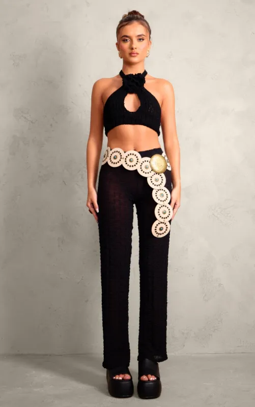 Black Sheer Textured Jersey Straight Leg Trousers sold by Pretty Little Thing