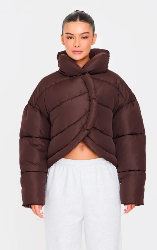 Chocolate Brown Quilted Asymmetric High Neck Puffer Jacket made by Pretty Little Thing
