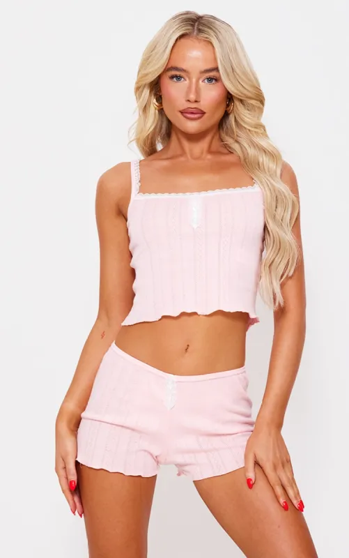 Pink Pointelle Button Cami And Short Pj Set sold by Pretty Little Thing